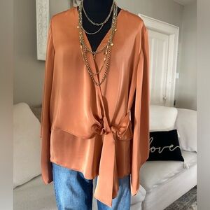 RAMY BROOK Cassandra Boho Satin Wrap Elevated Casual Blouse Top Orange Size M/L